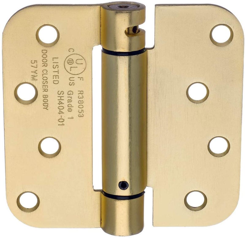 Dynasty Hardware Door Hinges, 4-Inch Spring Loaded Self Closing Hinges with 5/8" Radius Corners, Heavy Duty for Interior or Exterior Doors, Quiet Auto Close Action, 2-Pack, Satin Brass Finish - Image 1